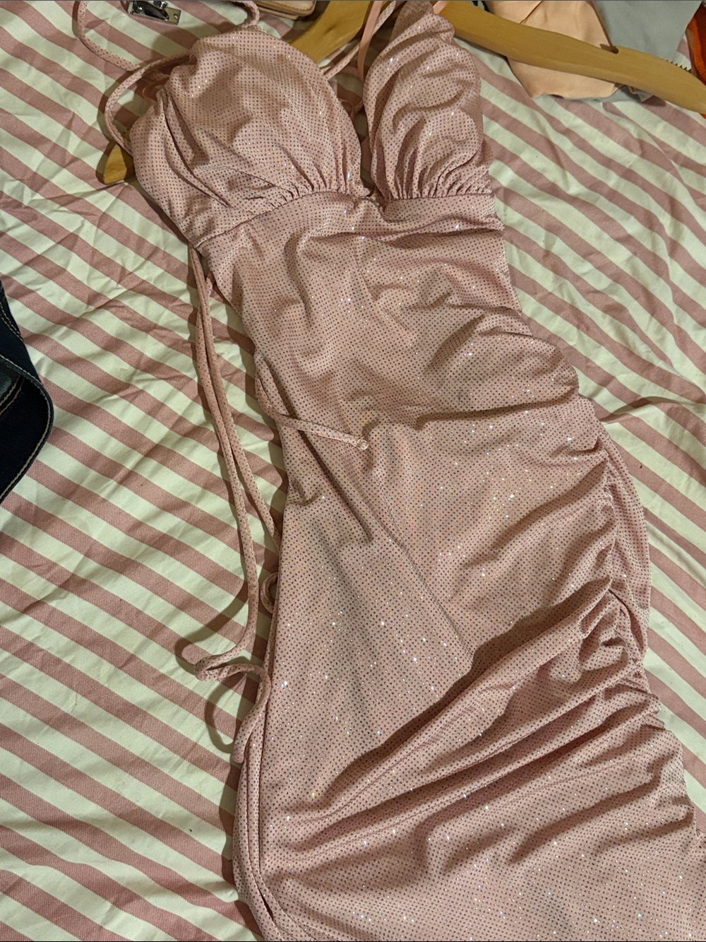 Blush Pink Sparkle Ruched Prom Dress with Adjustable Straps